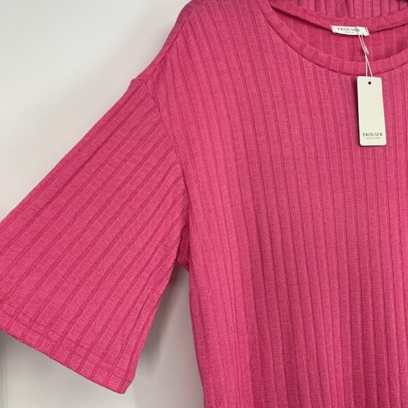 Ekouaer 2 Piece Lounge Set Pink Biker Shorts Shirt Ribbed Knit - Picture 5 of 12